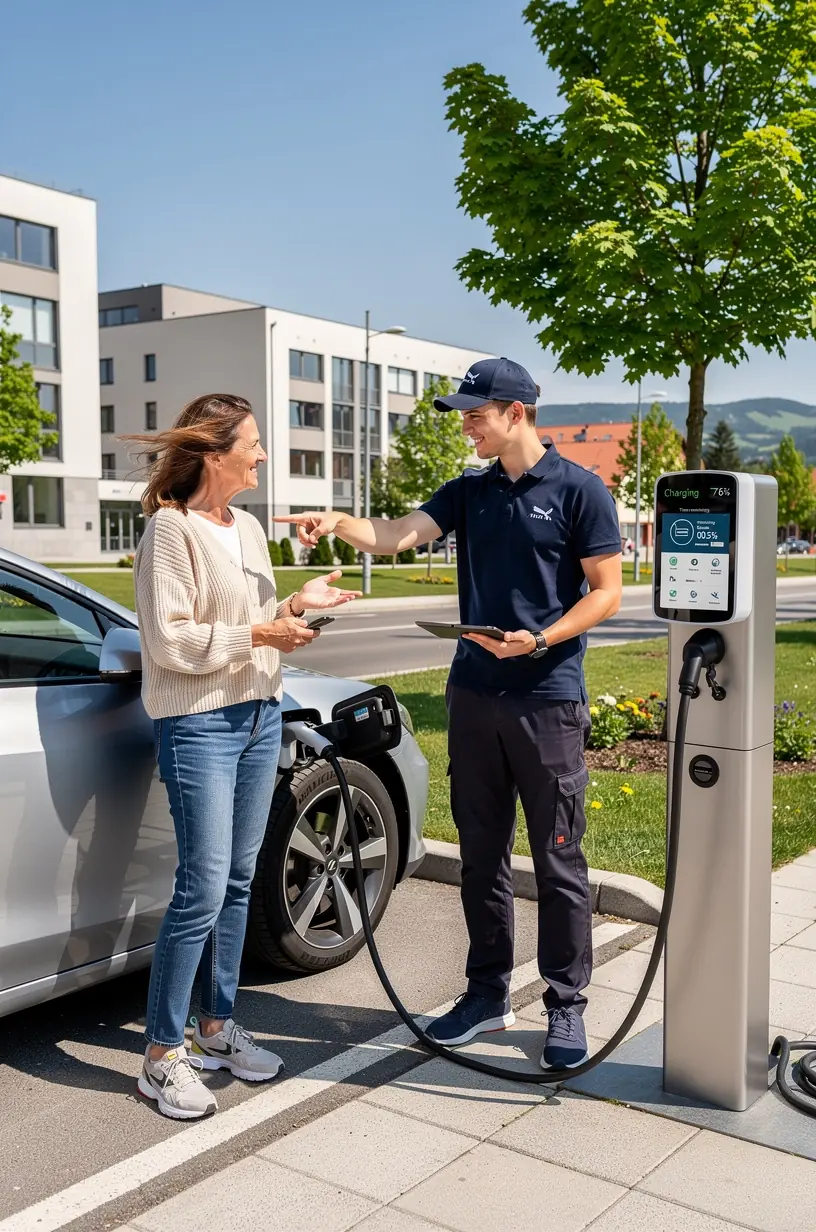 Informačný panel zobrazujúci stav batérie počas diagnostiky v servise elektrických vozidiel.